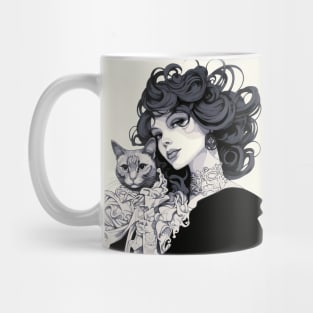 Woman and tabby cat (black and white) Mug